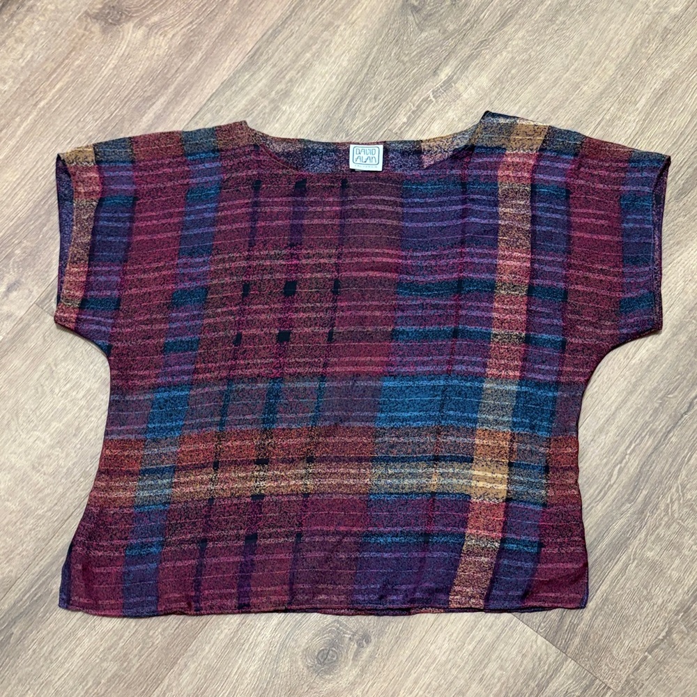 Vintage David Alan Multicolor Plaid Boxy Top - Burgundy Blue
